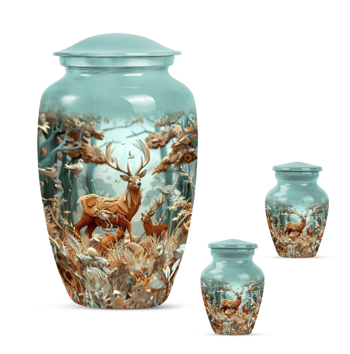Deer Family Theme Large Urn With 2 Keepsake Urn