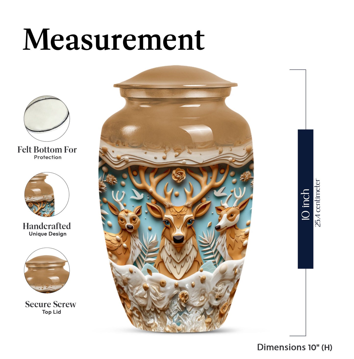 Classic 10-inch deer urn, aluminium-made memorial urn.