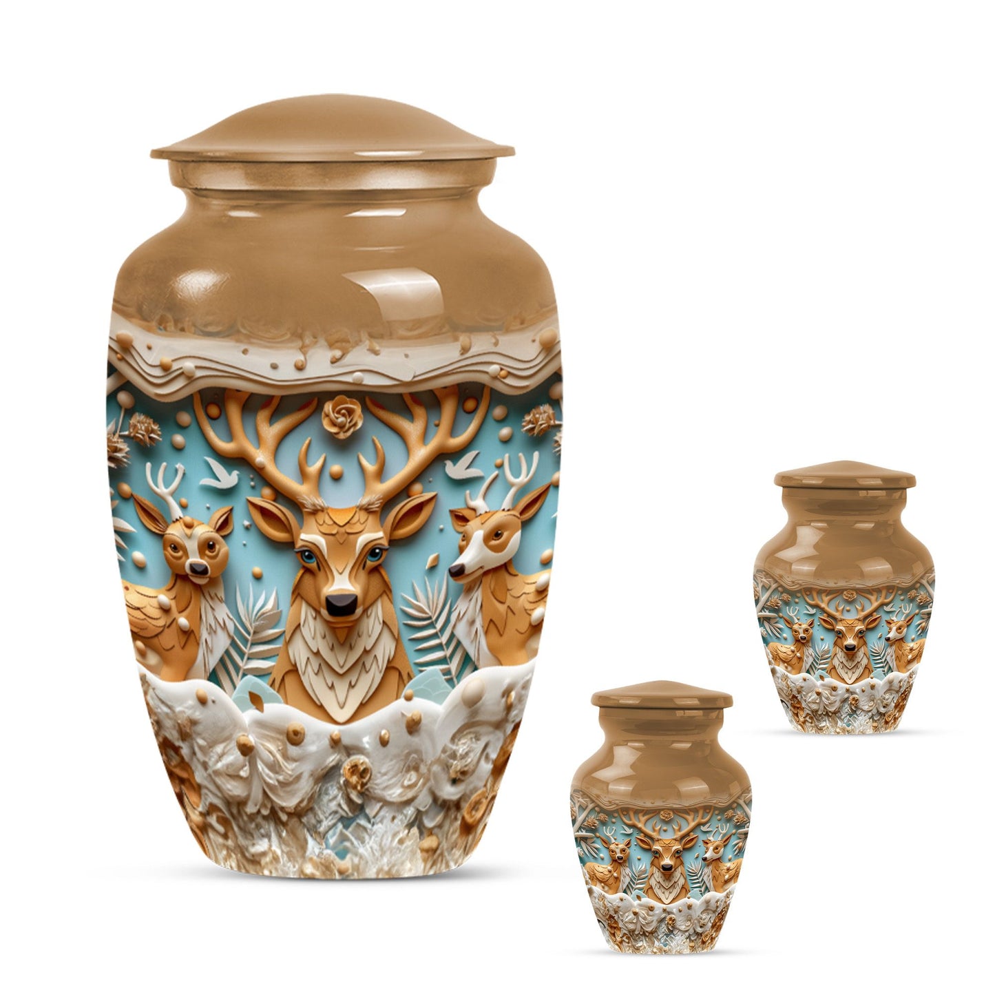 Deer Family Theme Large Urn With 2 Keepsake Urn