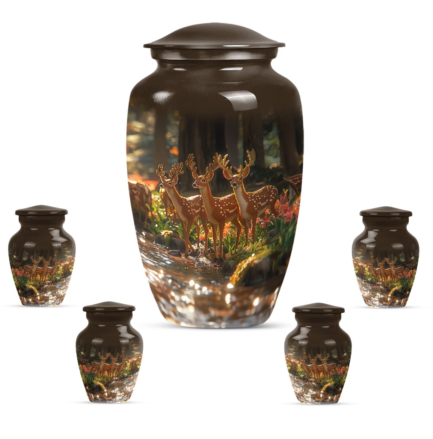 Deer Family Theme Large Urn With 4 Keepsake Urn