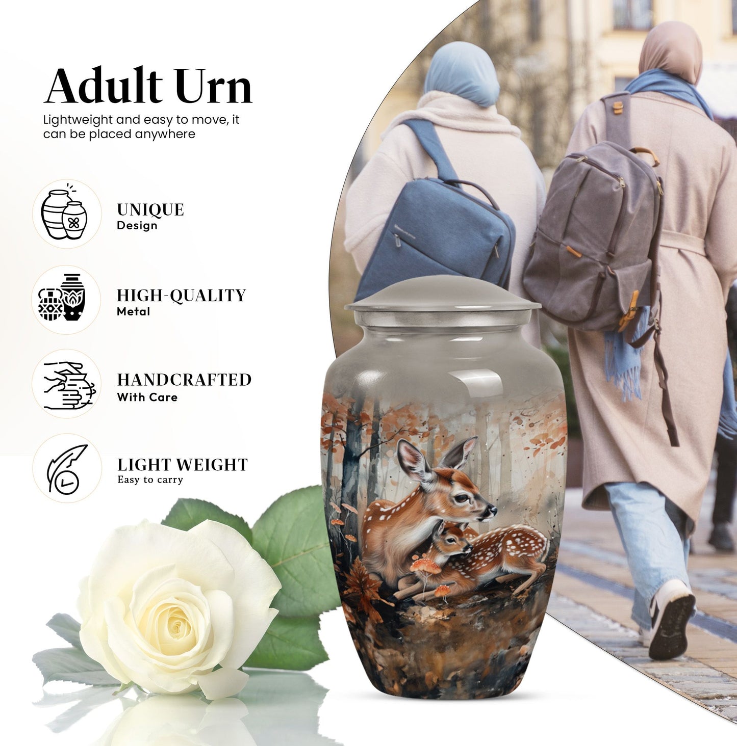 Classic 10-inch deer family cremation urn.