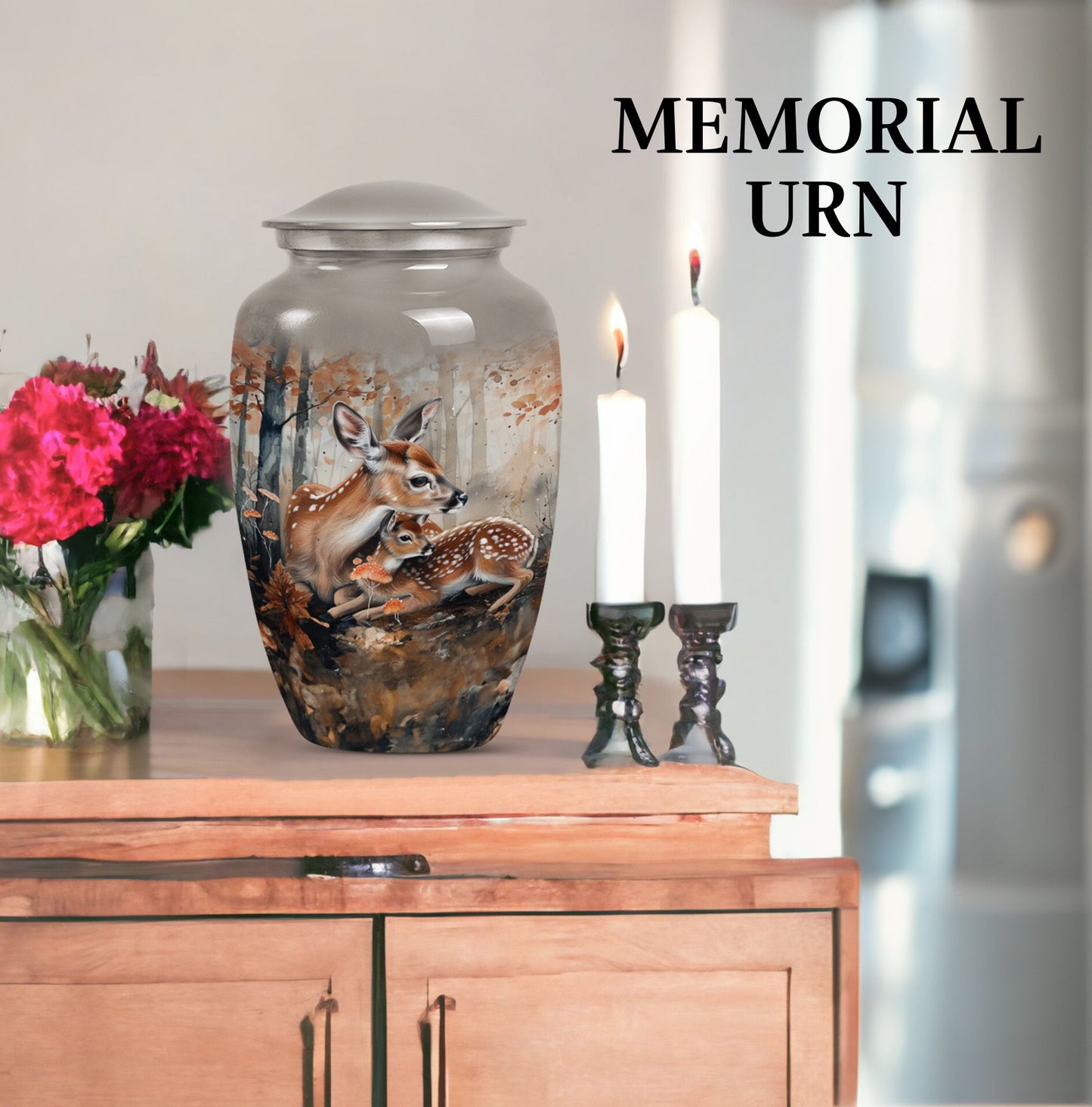 Classic 10-inch deer family cremation urn.