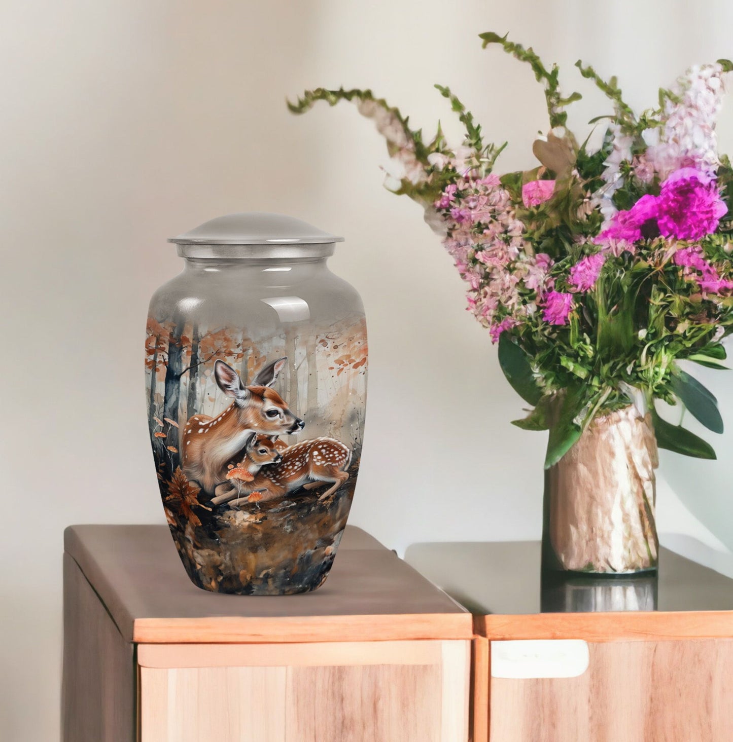 Classic 10-inch deer family cremation urn.