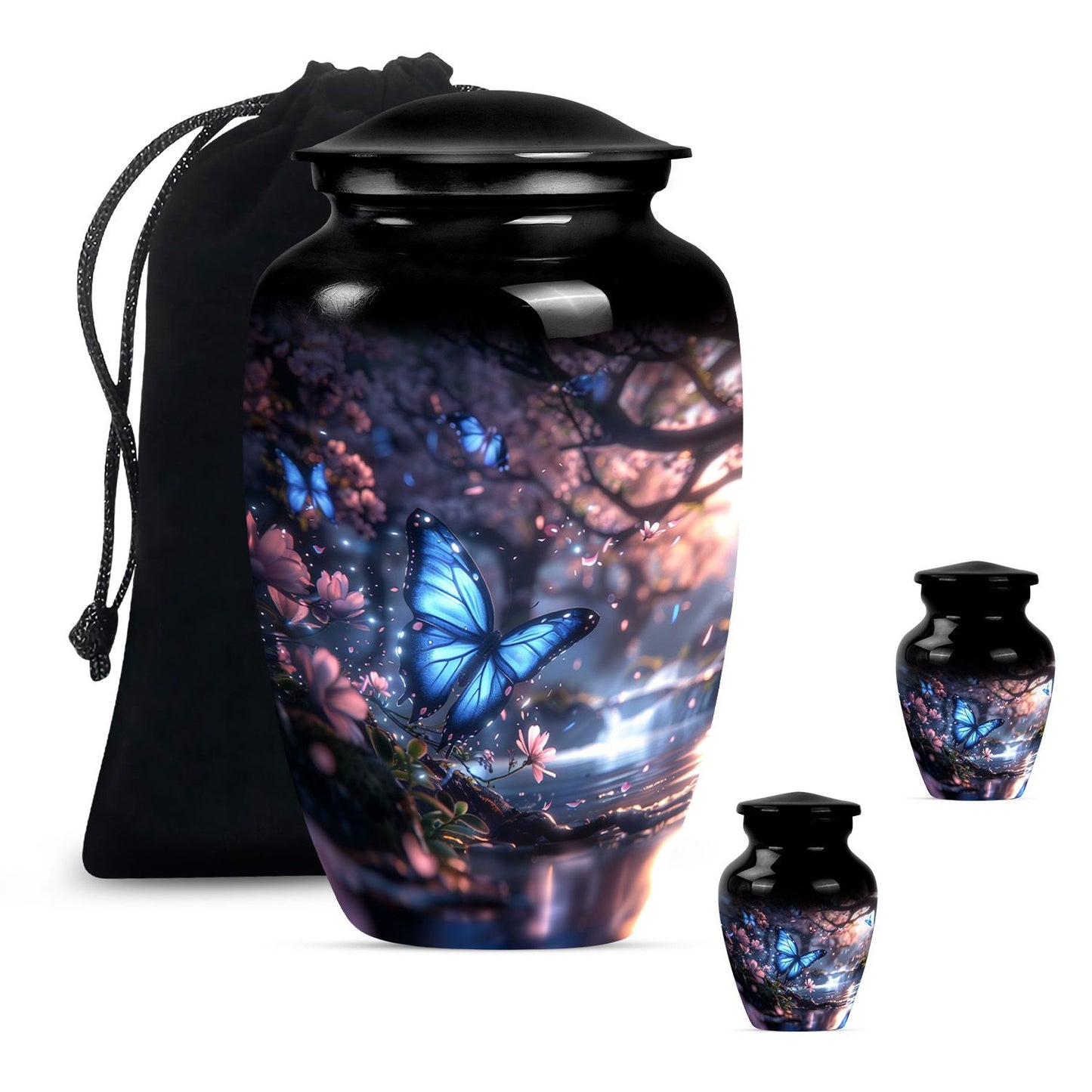 Butterfly Theme Large Urn With 2 Keepsake Urn