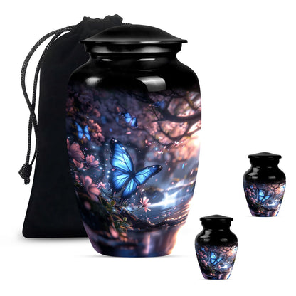 Butterfly Theme Large Urn With 2 Keepsake Urn