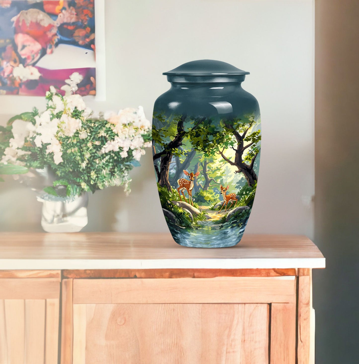 Elegant 10-inch aluminium gramophone themed deer urn.