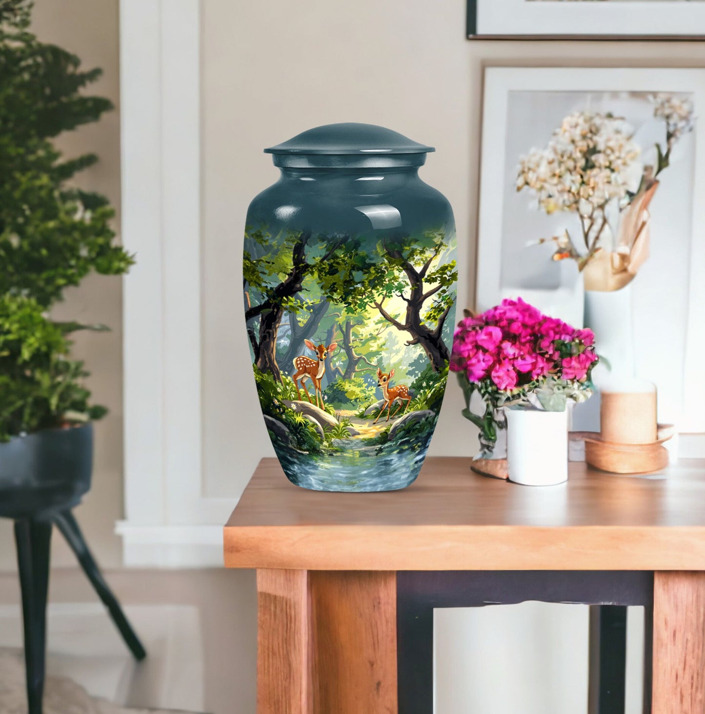 Elegant 10-inch aluminium gramophone themed deer urn.
