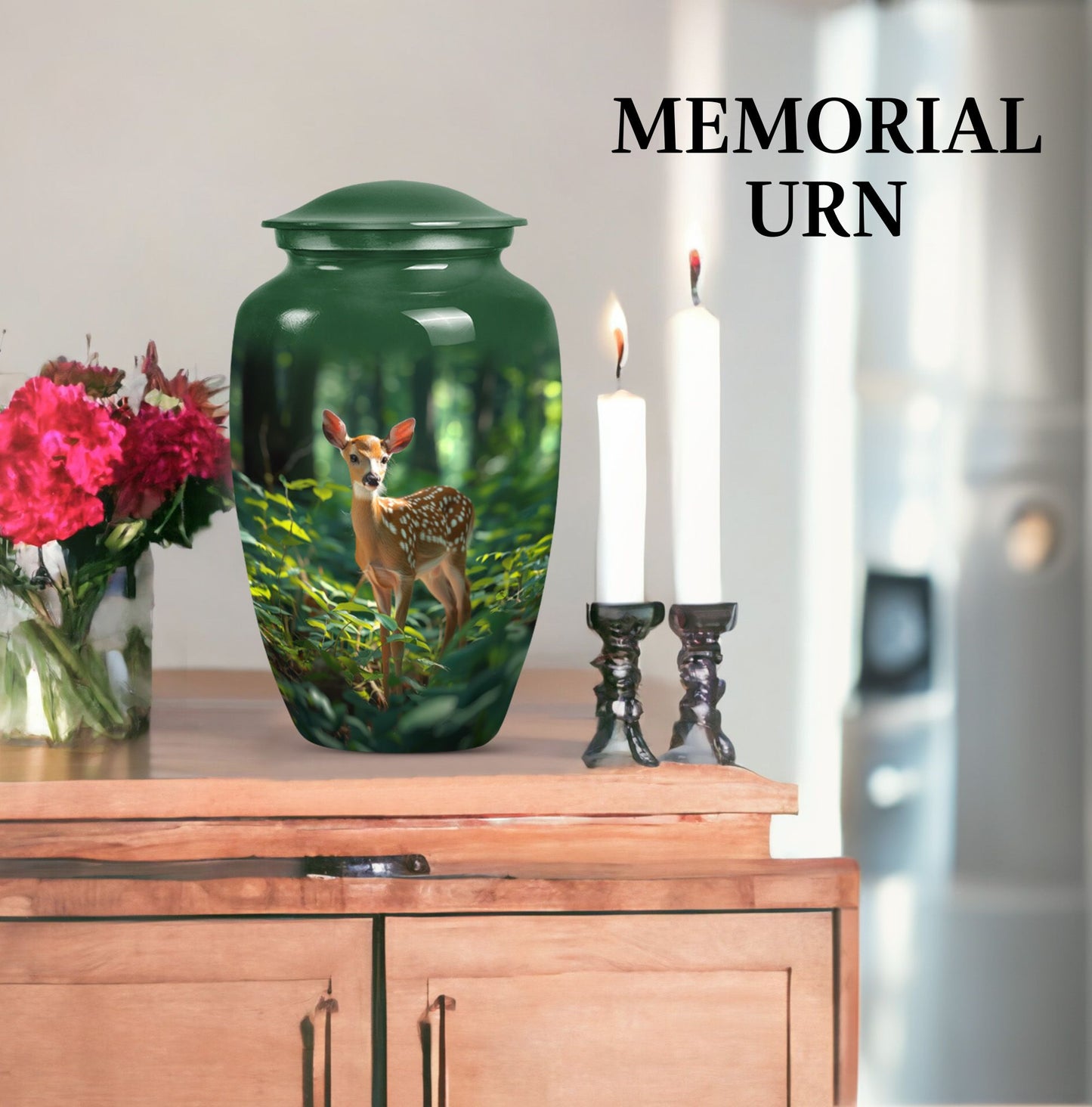 10-inch deer urn, classic design with gramophone theme.
