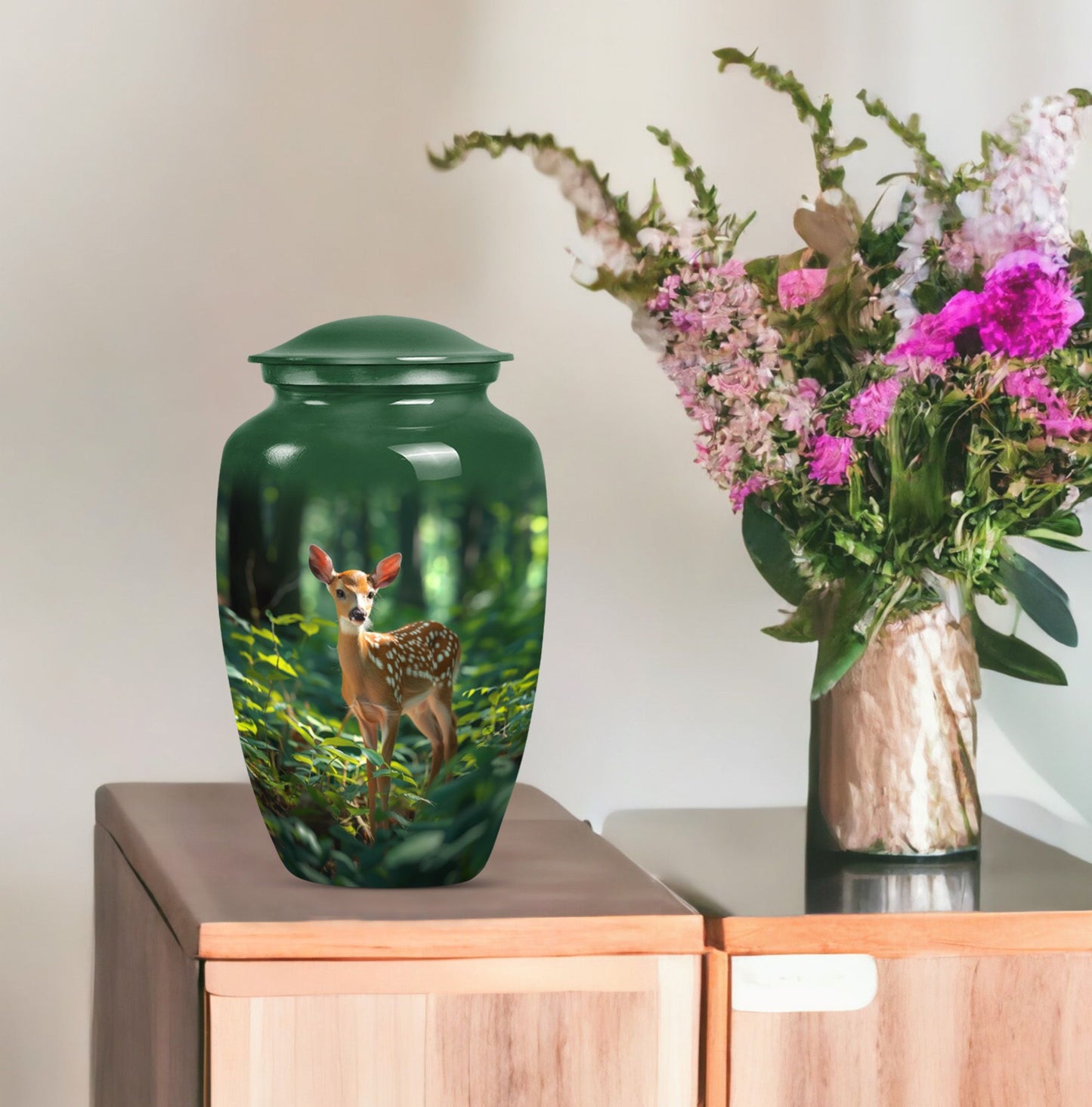 10-inch deer urn, classic design with gramophone theme.