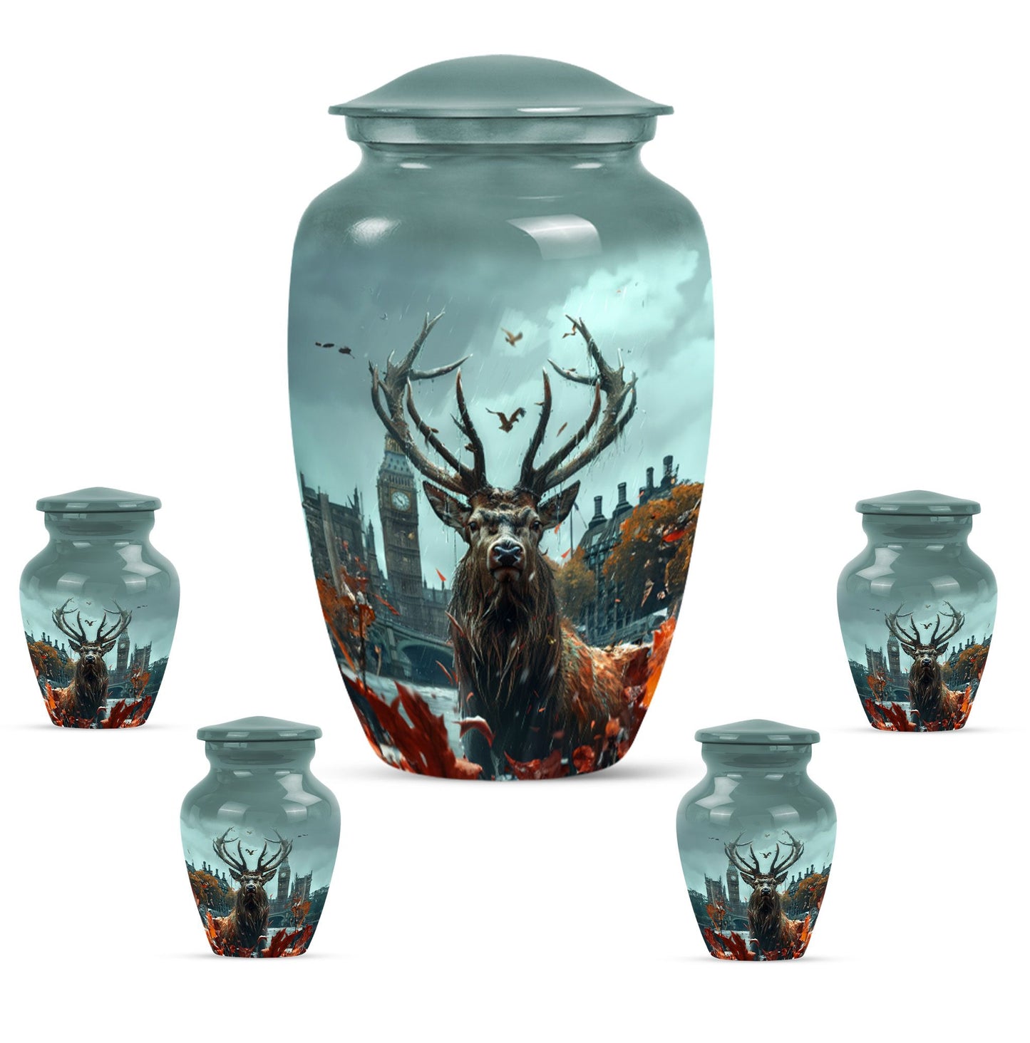 Deer Theme Large Urn With 4 Keepsake Urn