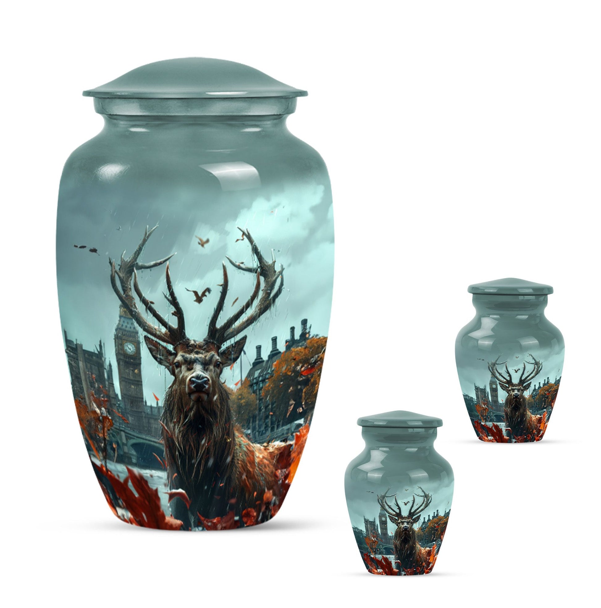 Deer Theme Large Urn With 2 Keepsake Urn