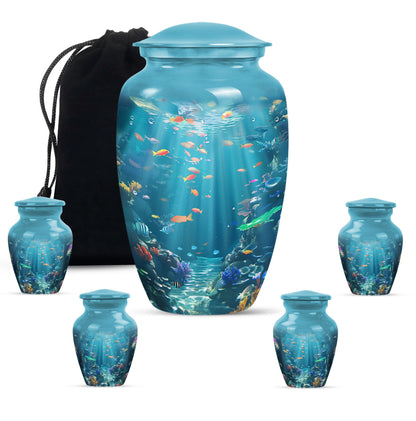 Fish Theme Large Urn With 4 Keepsake Urn
