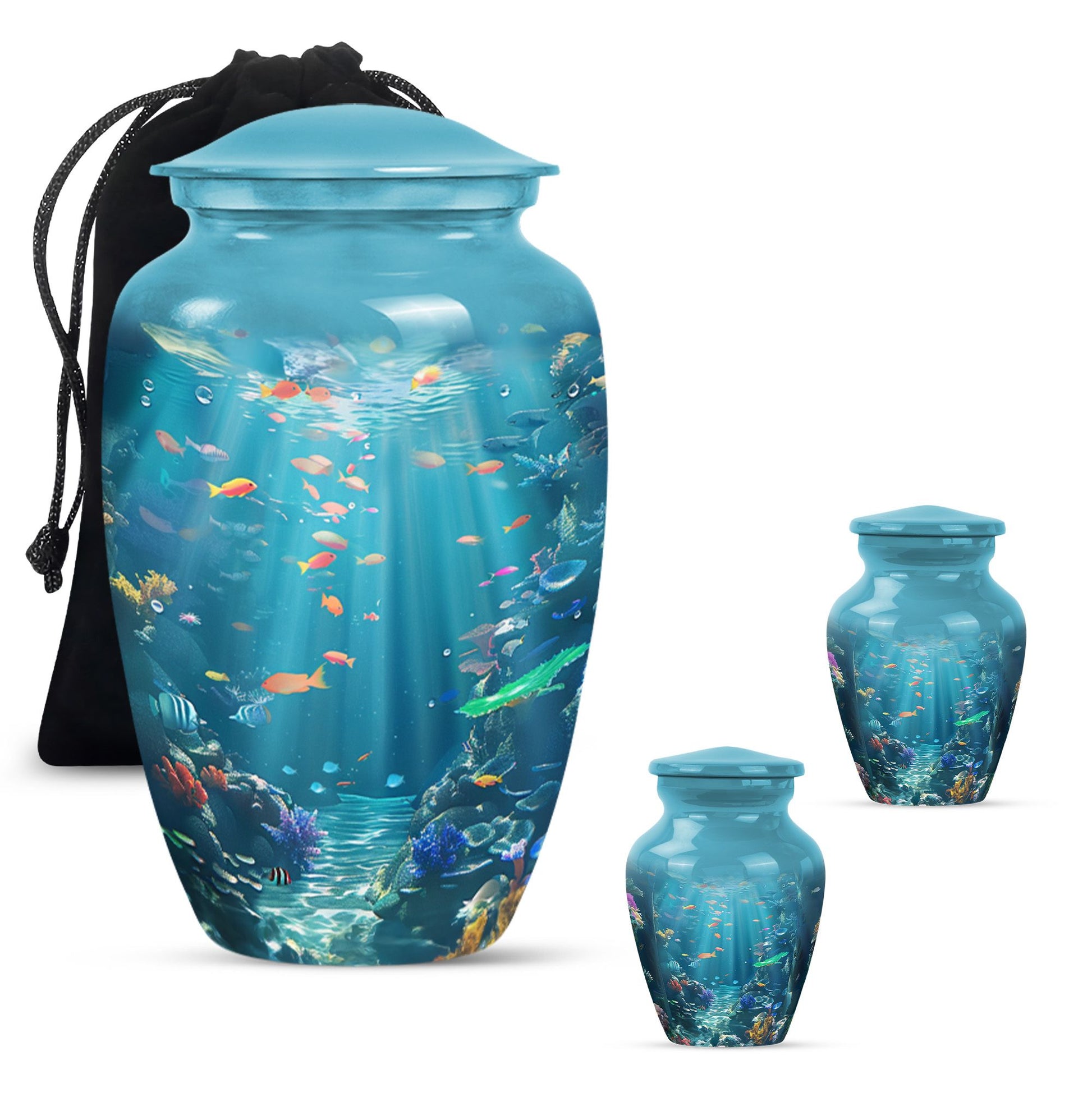 Fish Theme Large Urn With 2 Keepsake Urn