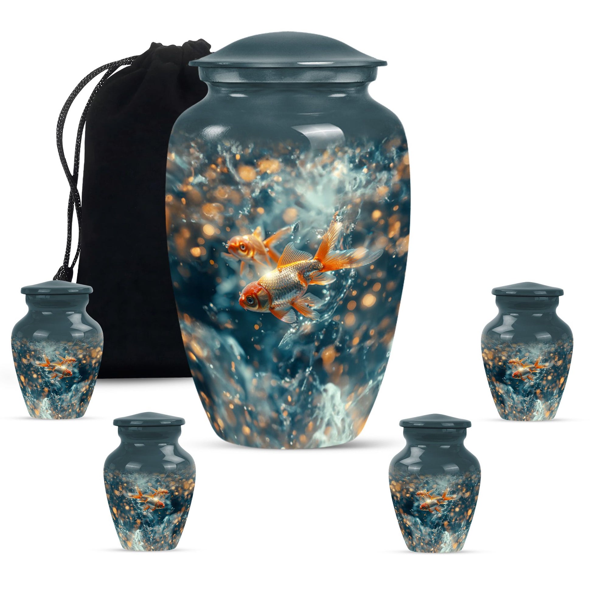Fish Theme Large Urn With 4 Keepsake Urn