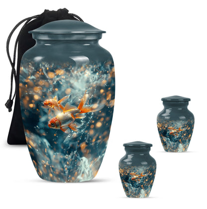 Fish Theme Large Urn With 2 Keepsake Urn