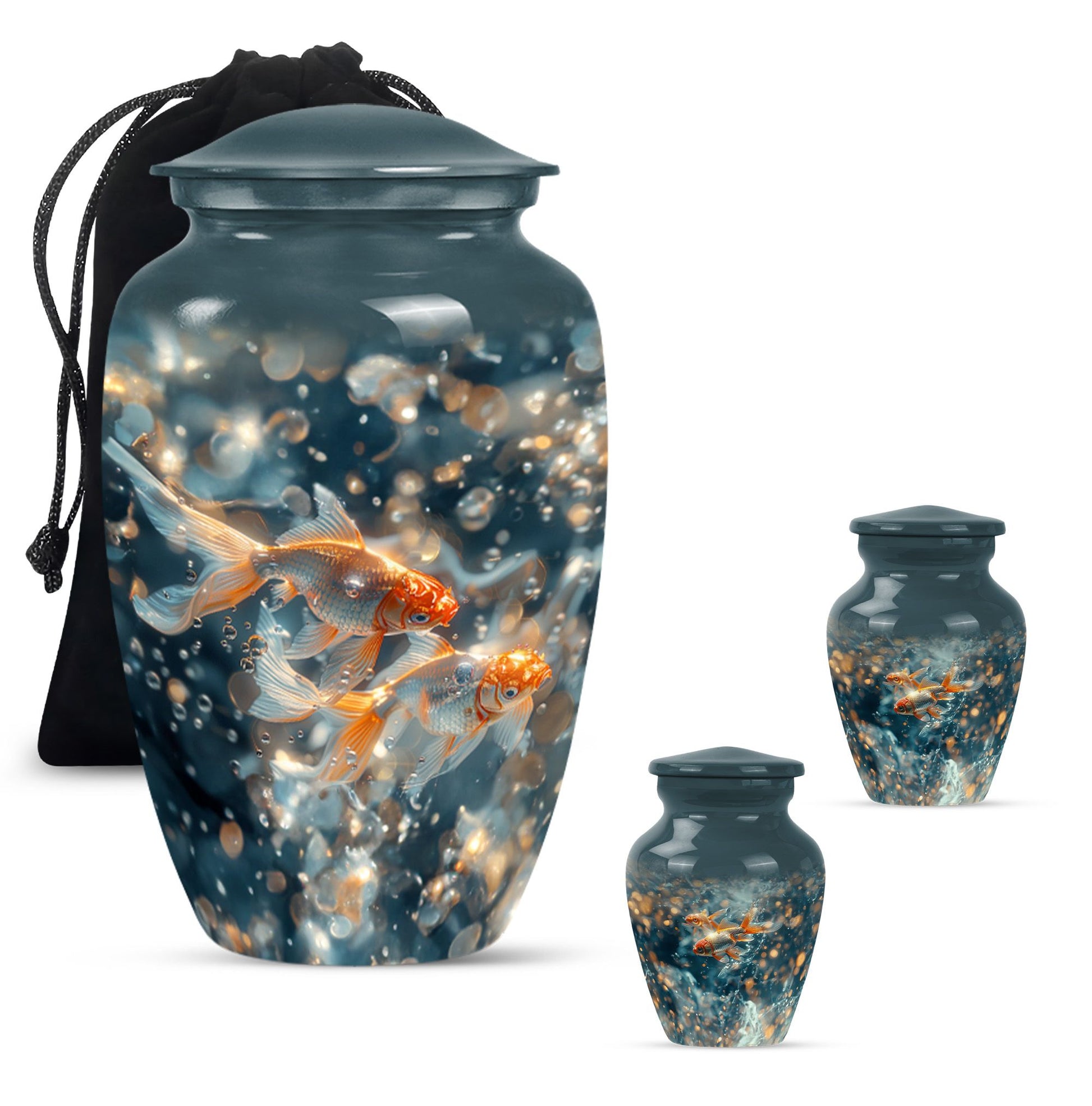 Fish Theme Large Urn With 2 Keepsake Urn