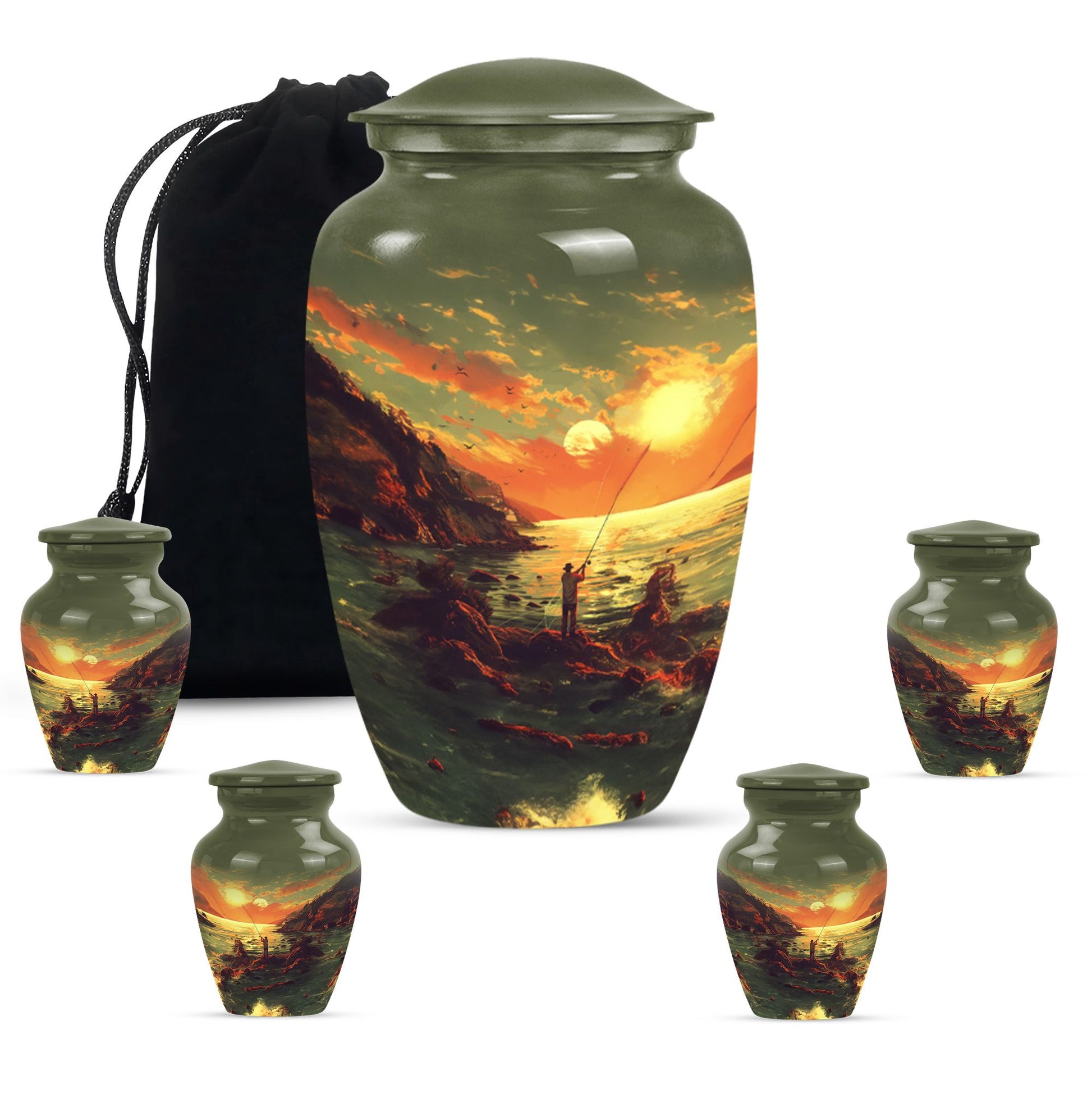 Fishing Theme Large Urn With 4 Keepsake Urn