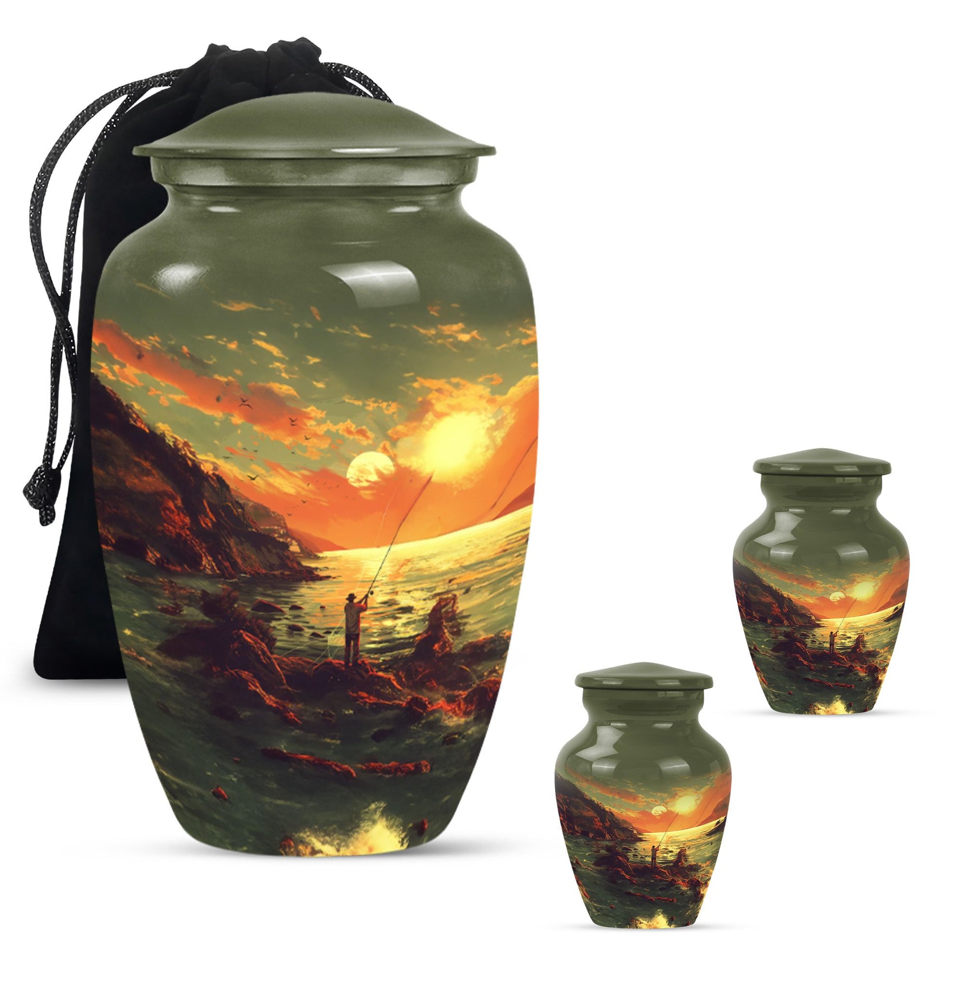 Fishing Theme Large Urn With 2 Keepsake Urn