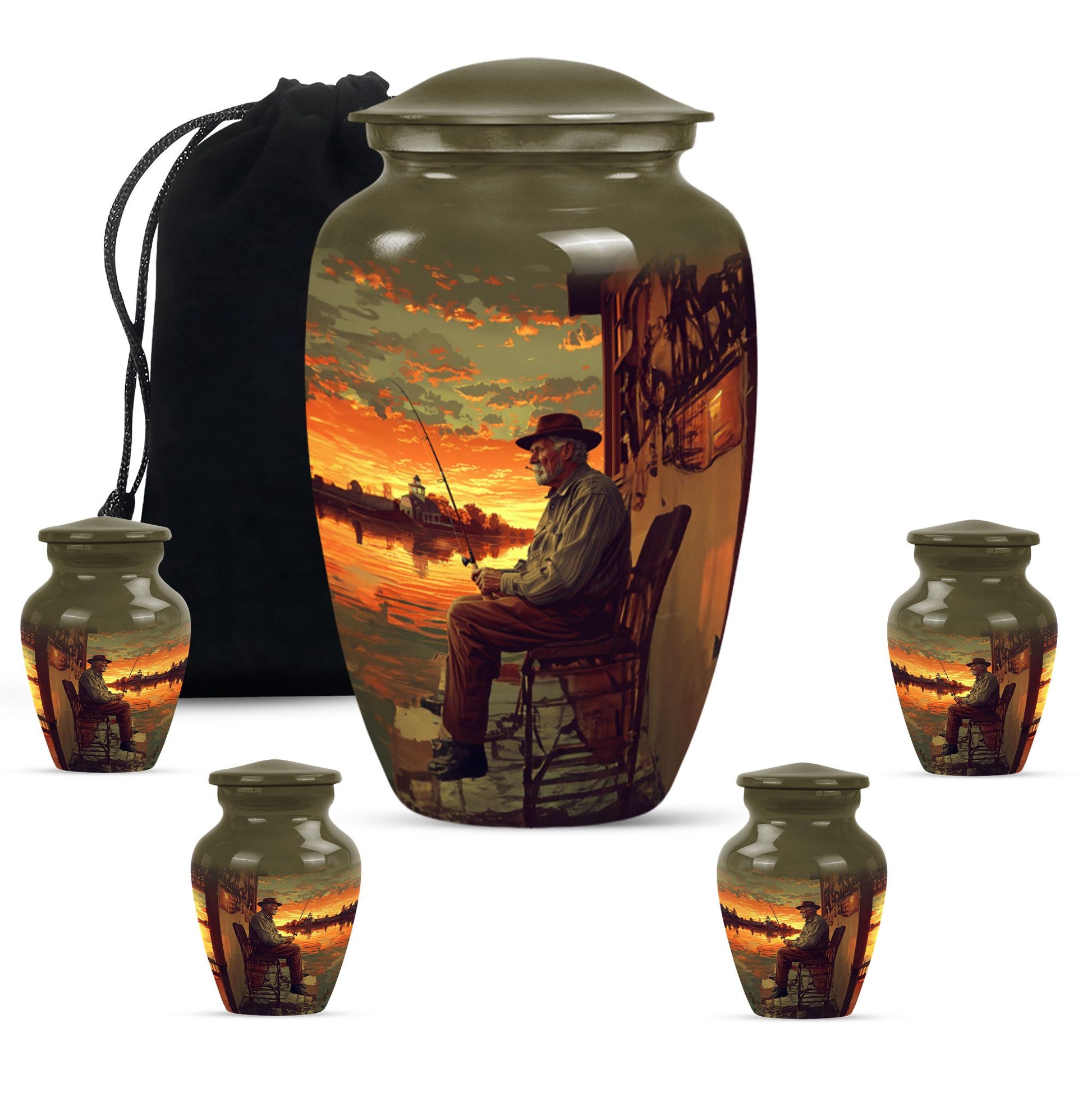 Fishing Theme Large Urn With 4 Keepsake Urn
