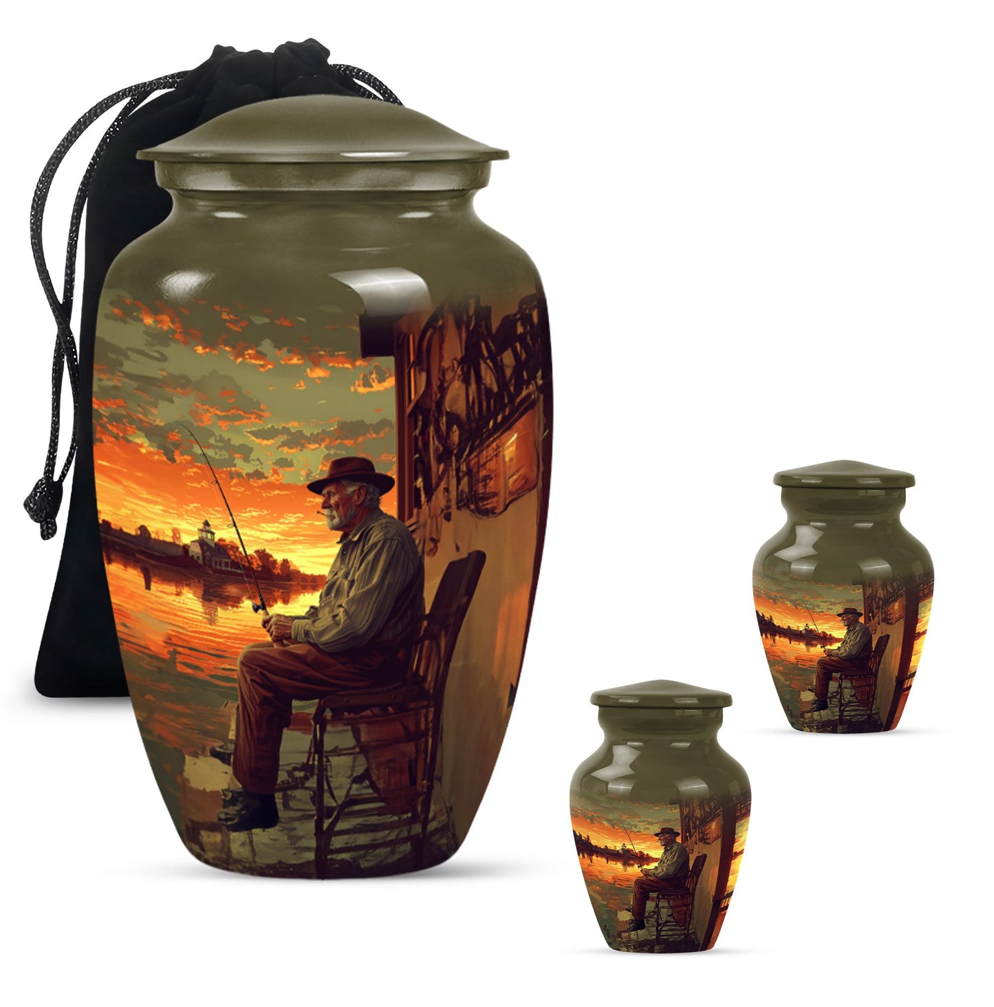 Fishing Theme Large Urn With 2 Keepsake Urn