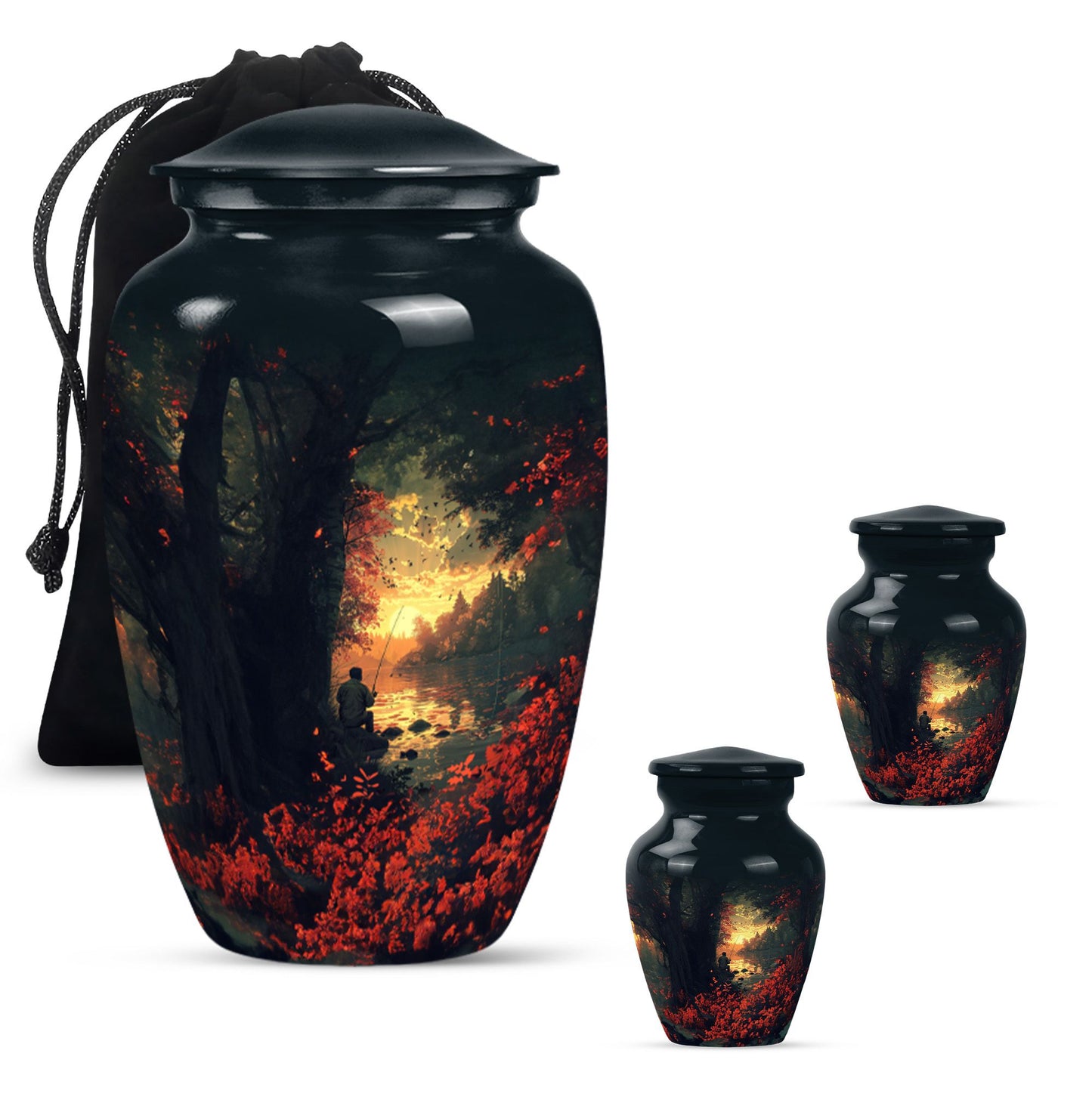 Fishing Theme Large Urn With 2 Keepsake Urn