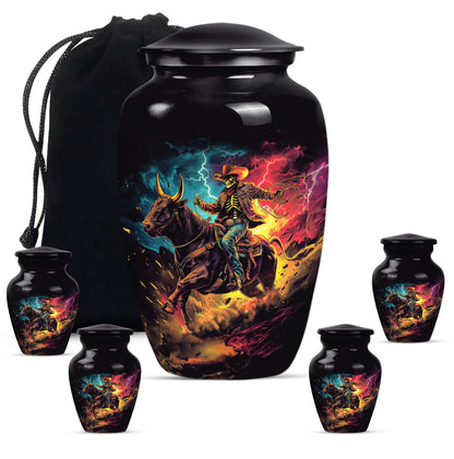 Cowboy Theme Large Urn With 4 Keepsake Urn