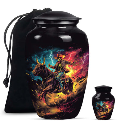 Cowboy Theme Large Urn With 1 Keepsake Urn