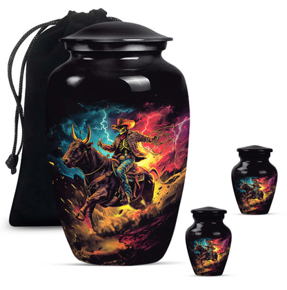 Cowboy Theme Large Urn With 2 Keepsake Urn