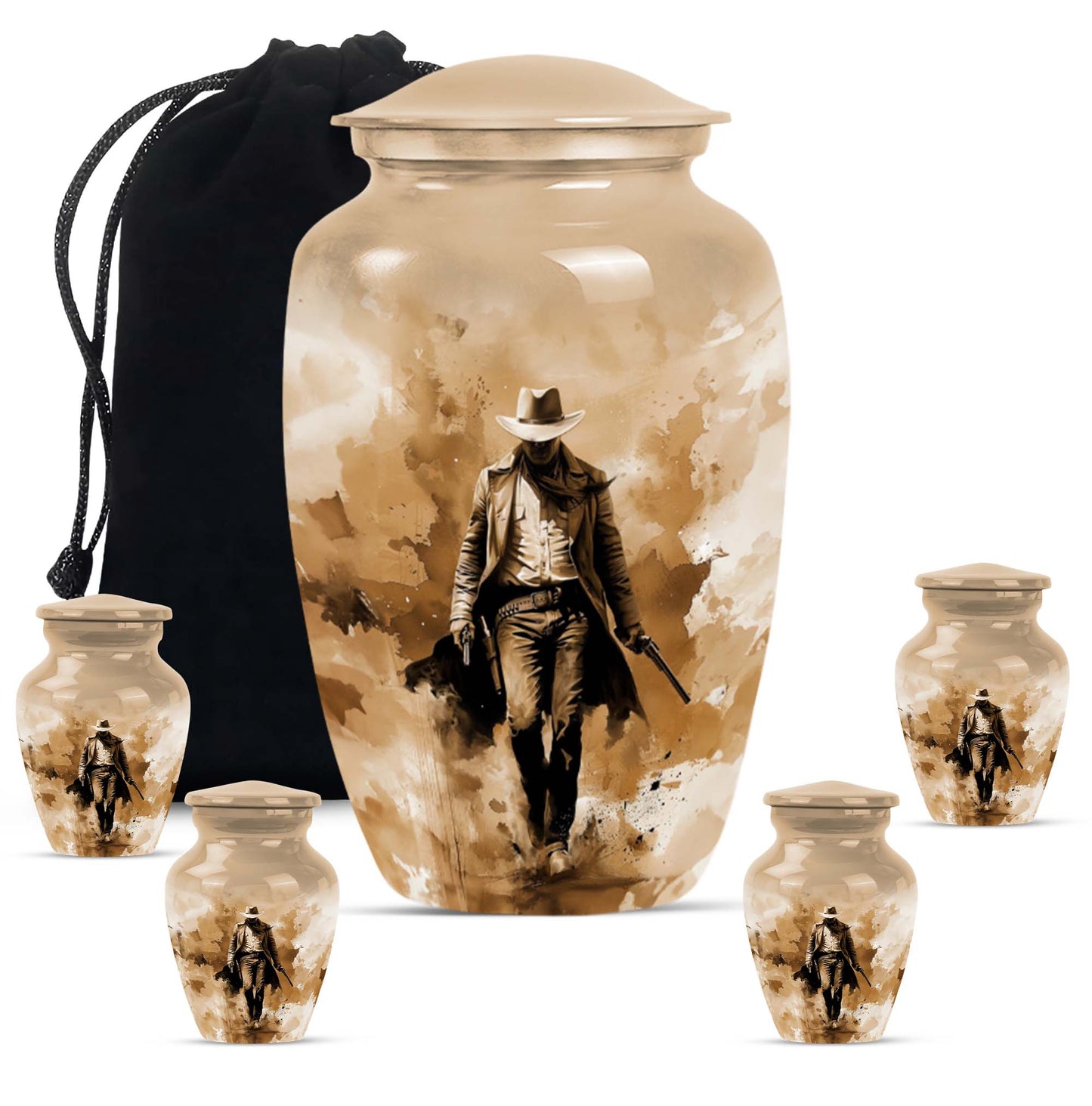 Cowboy Theme Large Urn With 4 Keepsake Urn