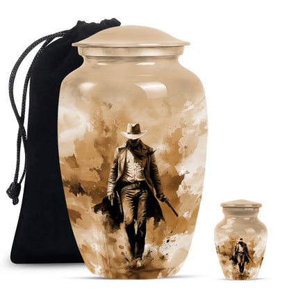 Cowboy Theme Large Urn With 1 Keepsake Urn