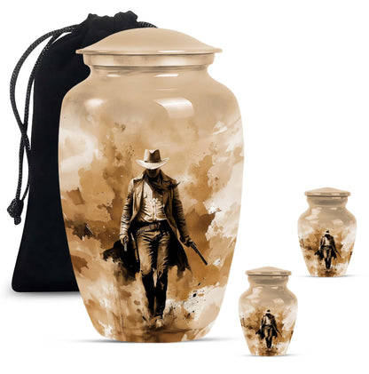 Cowboy Theme Large Urn With 2 Keepsake Urn