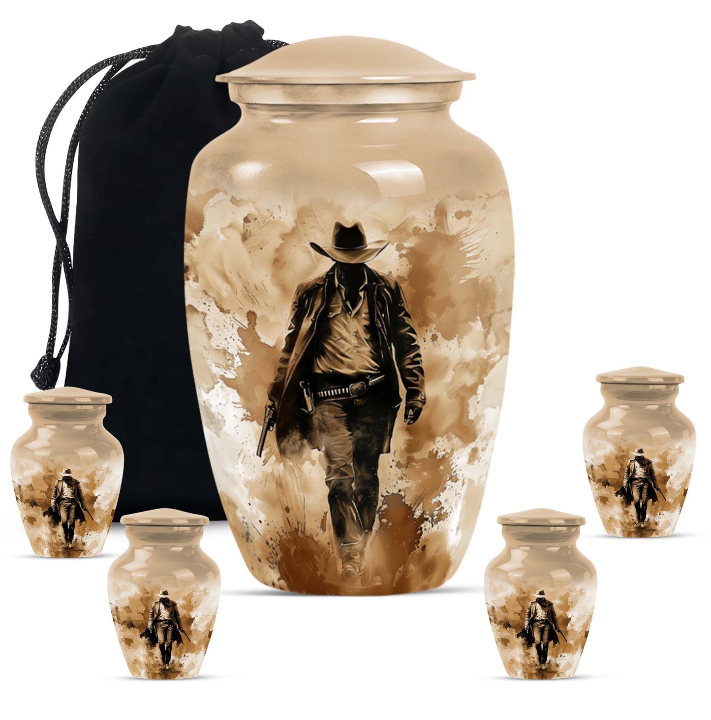 Cowboy Theme Large Urn With 4 Keepsake Urn
