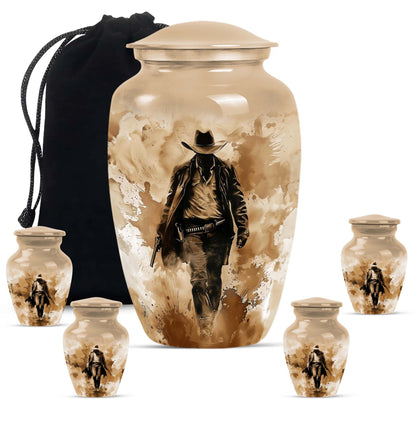 Cowboy Theme Large Urn With 4 Keepsake Urn