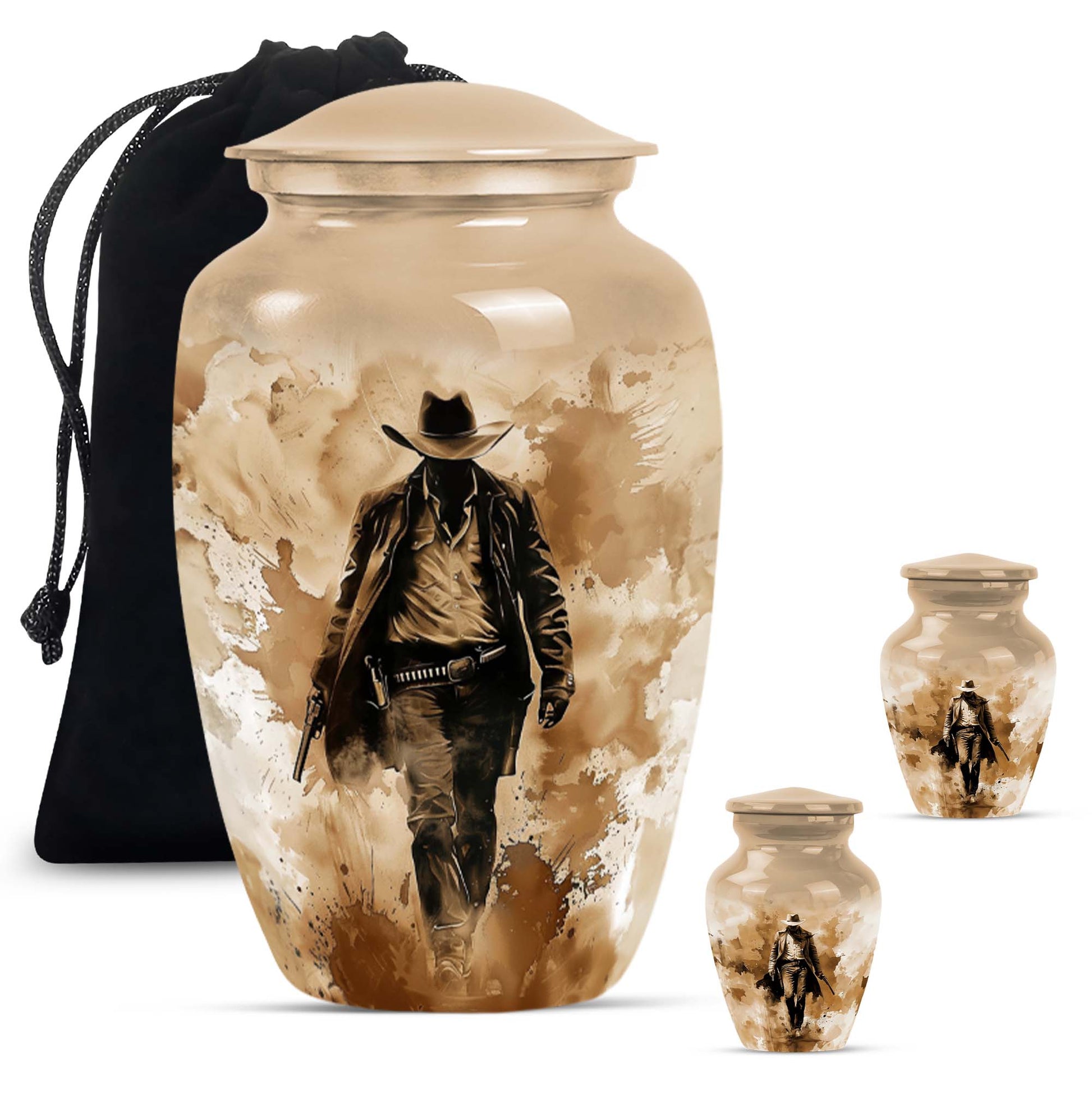 Cowboy Theme Large Urn With 2 Keepsake Urn
