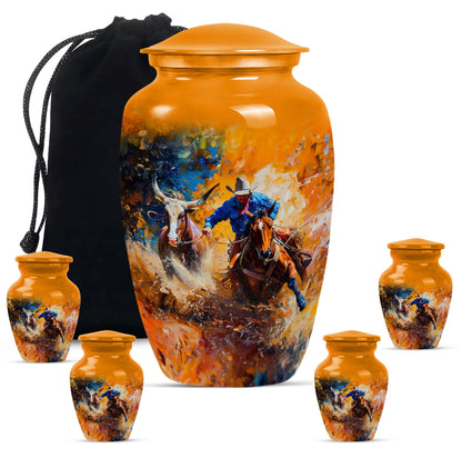 Cowboy Theme Large Urn With 4 Keepsake Urn