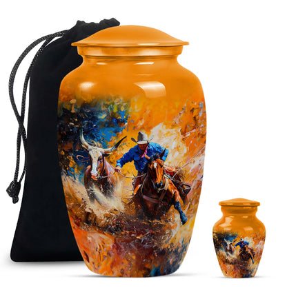 Cowboy Theme Large Urn With 1 Keepsake Urn