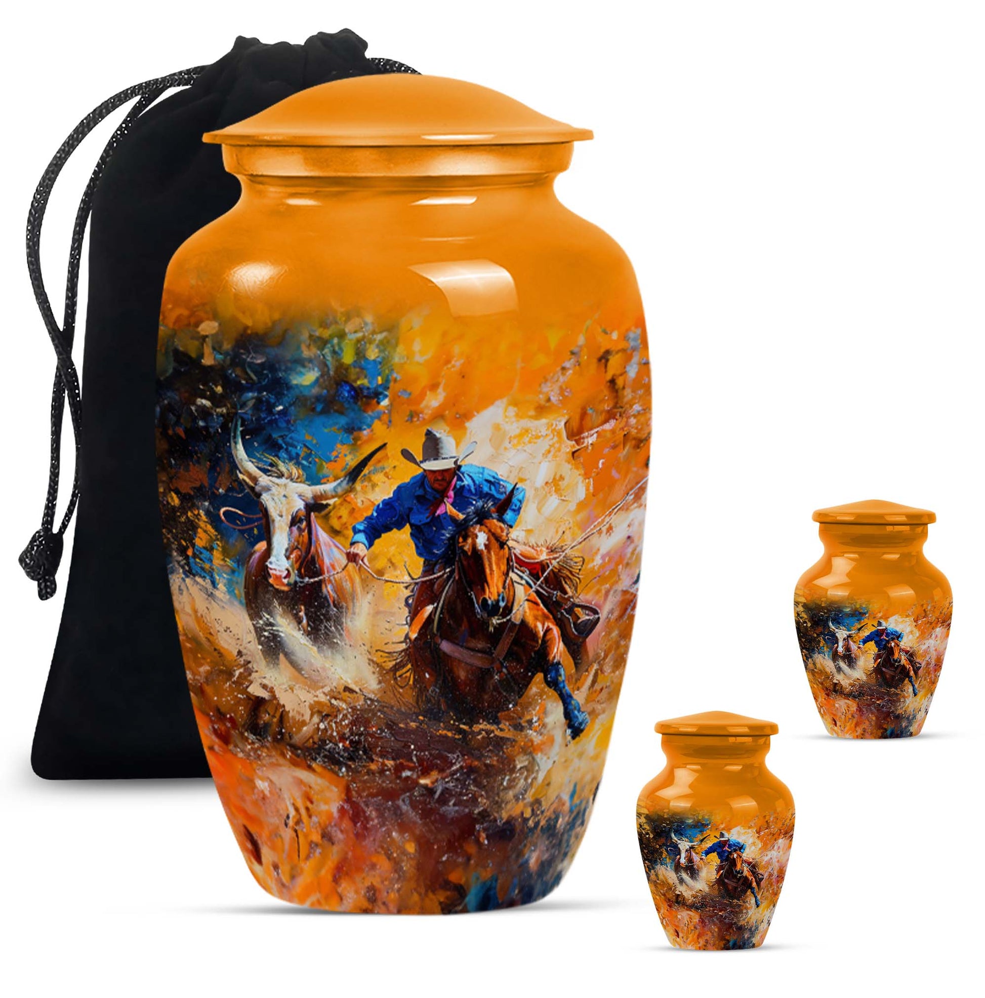 Cowboy Theme Large Urn With 2 Keepsake Urn