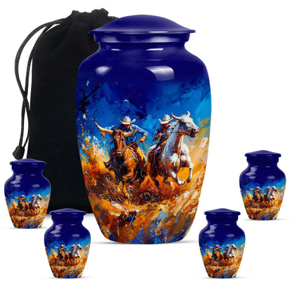 Cowboy Theme Large Urn With 4 Keepsake Urn