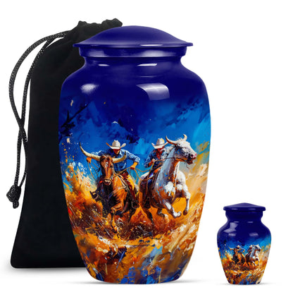 Cowboy Theme Large Urn With 1 Keepsake Urn