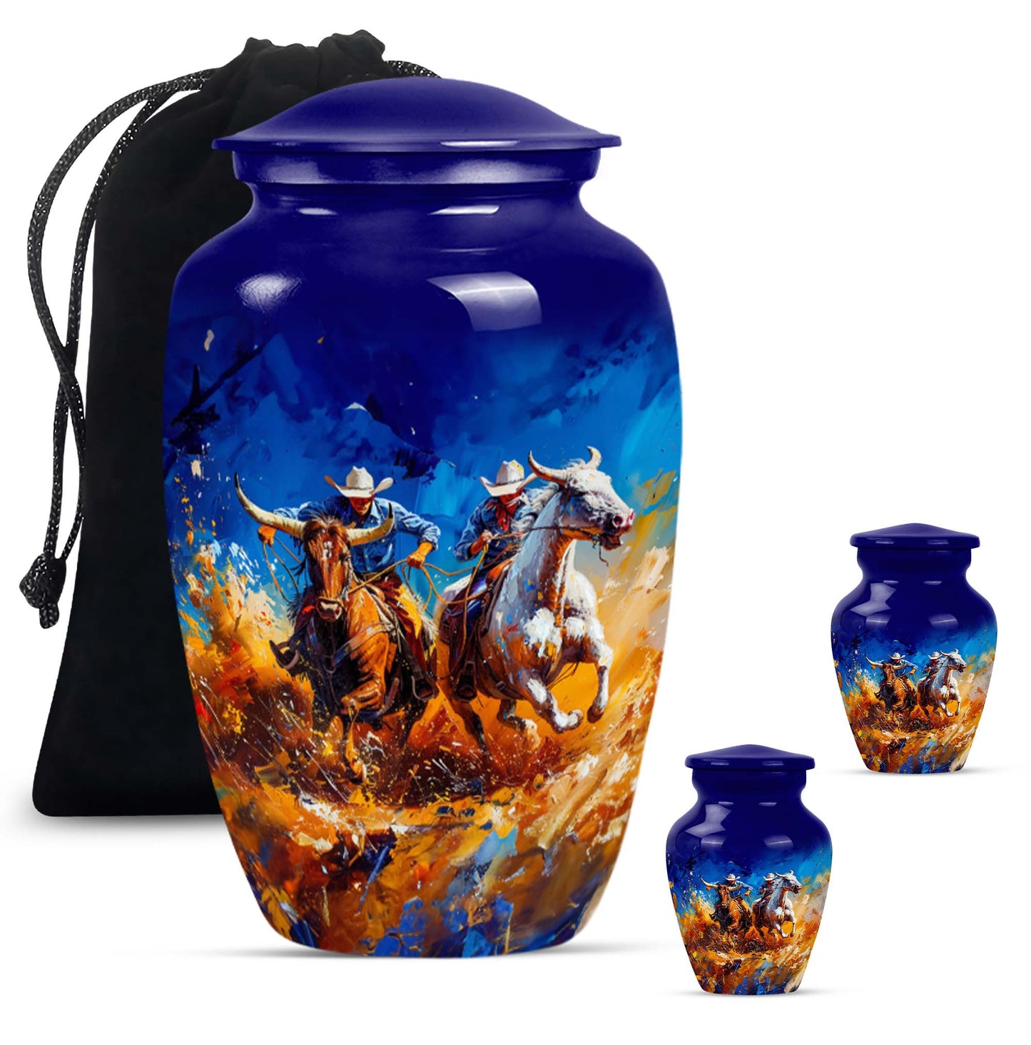 Cowboy Theme Large Urn With 2 Keepsake Urn