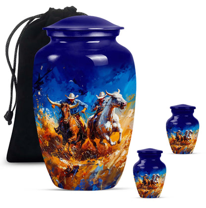 Cowboy Theme Large Urn With 2 Keepsake Urn