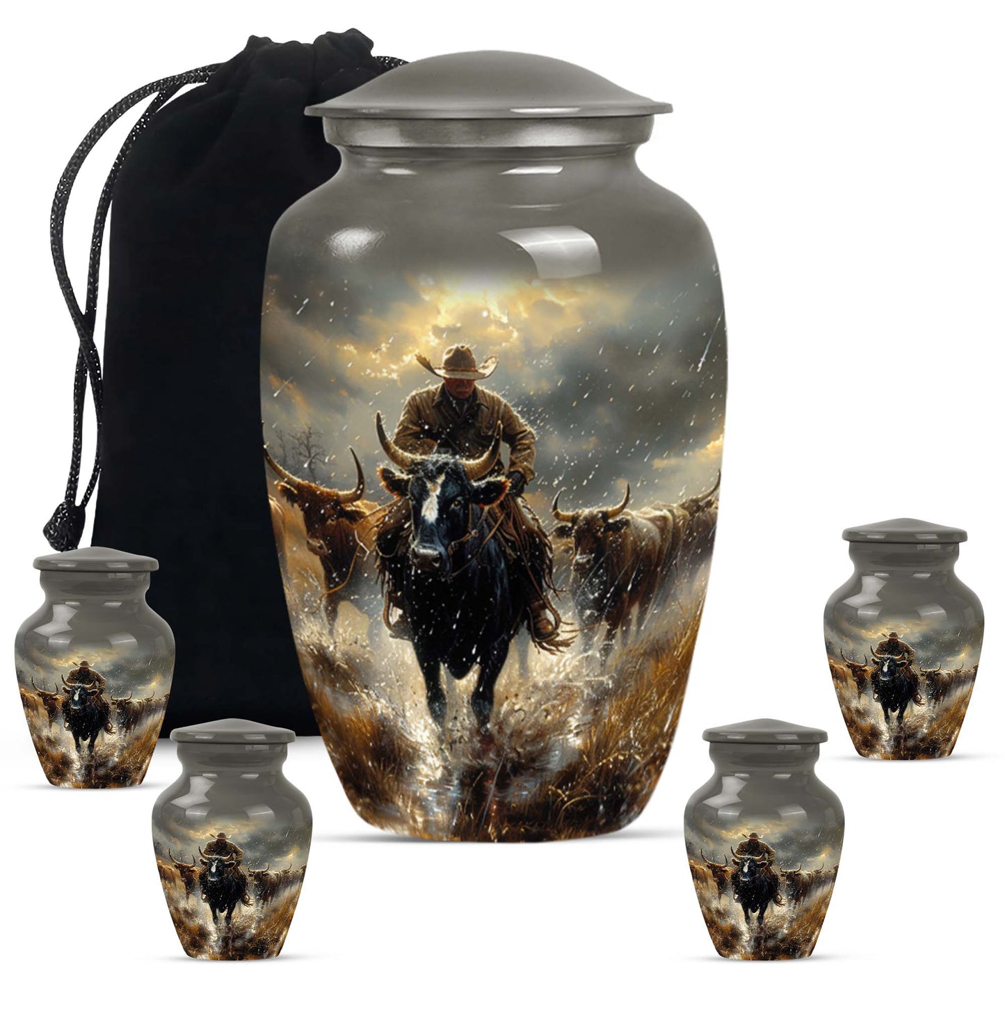 Cowboy Theme Large Urn With 4 Keepsake Urn