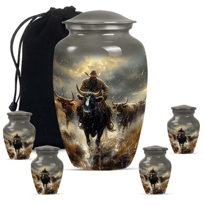 Cowboy Theme Large Urn With 4 Keepsake Urn