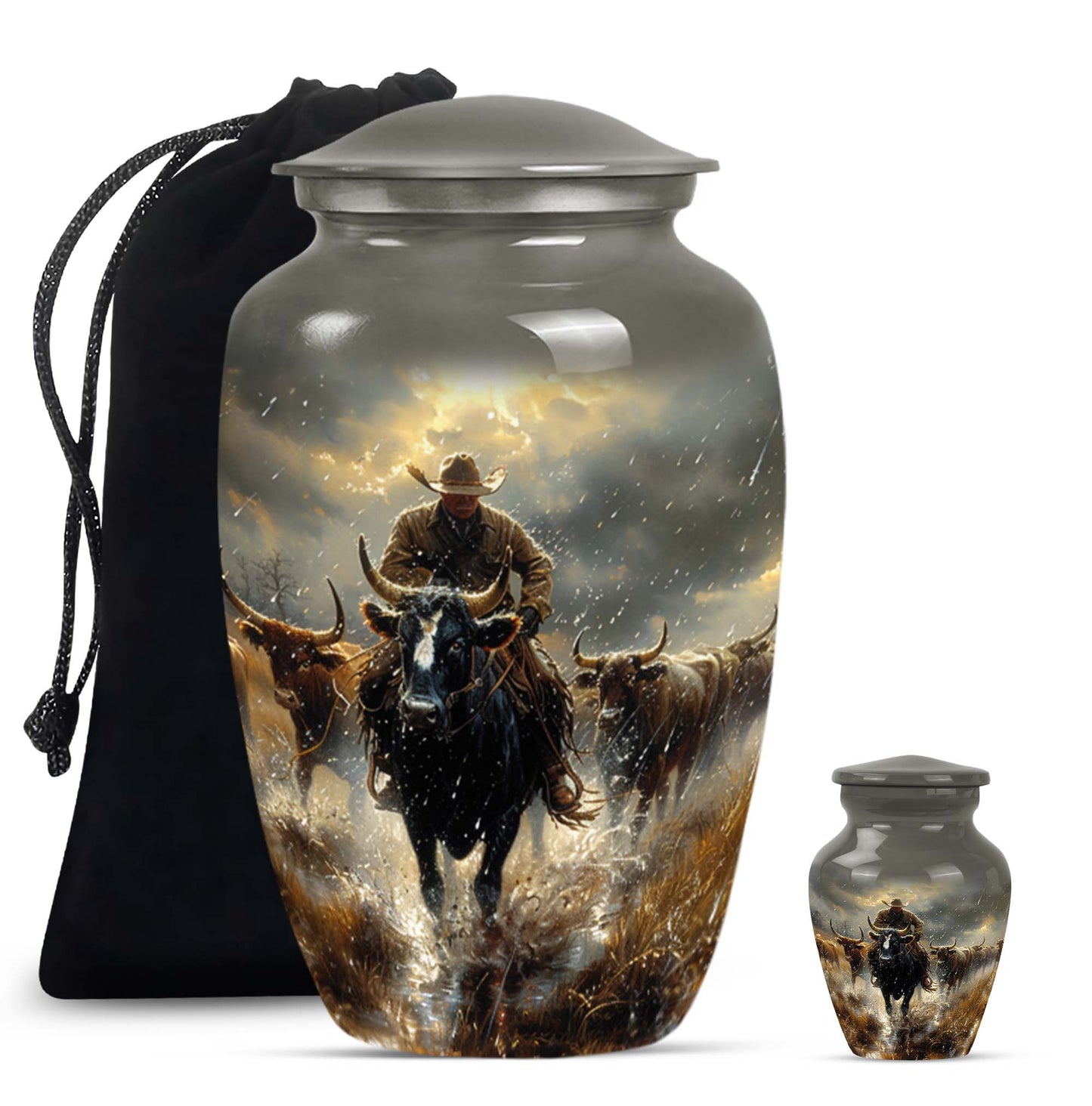Cowboy Theme Large Urn With 1 Keepsake Urn