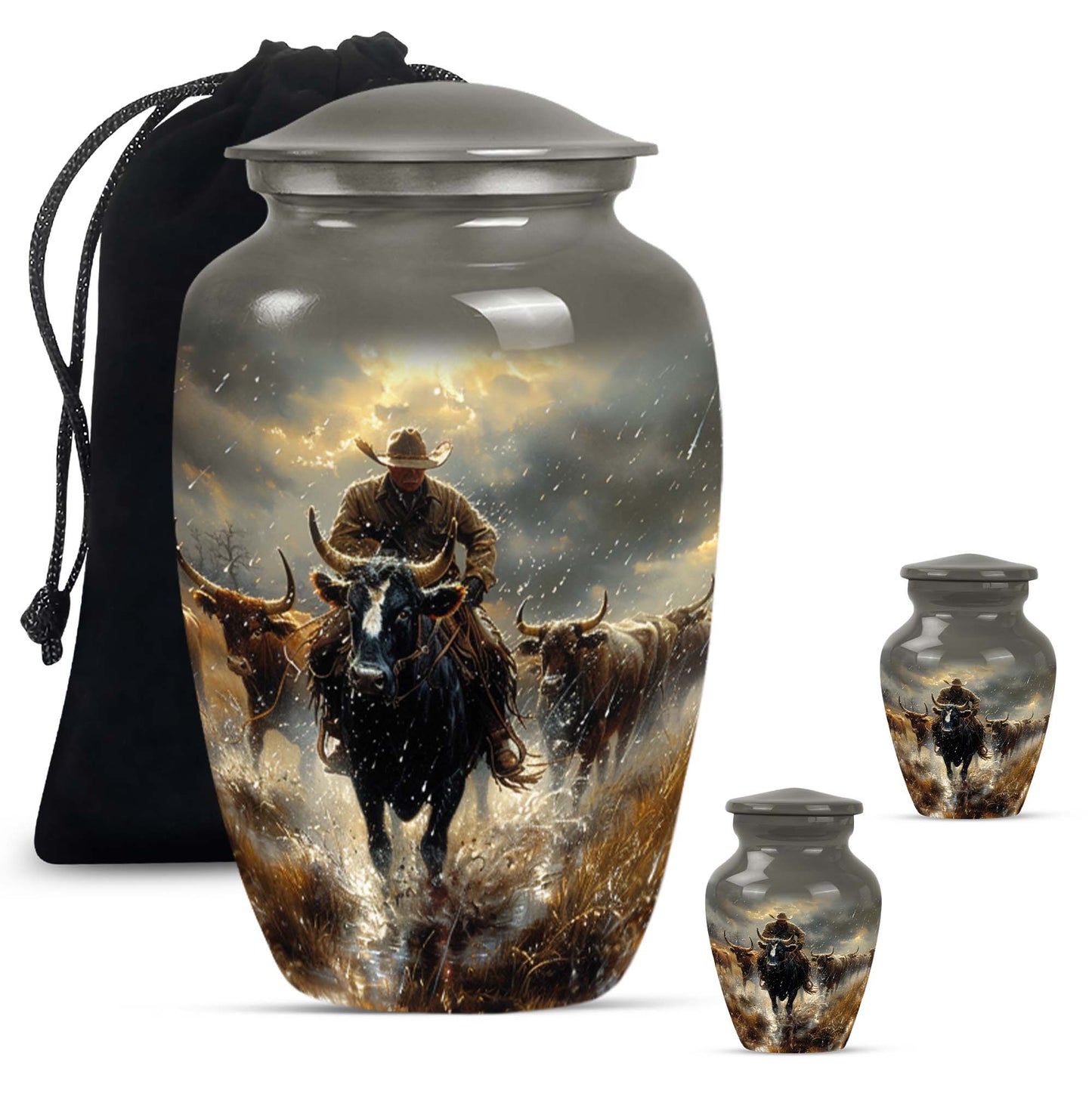 Cowboy Theme Large Urn With 2 Keepsake Urn