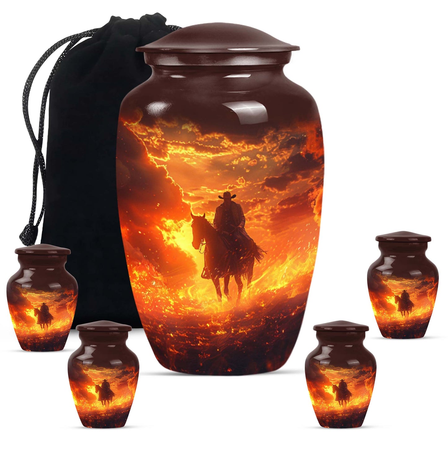 Cowboy Theme Large Urn With 4 Keepsake Urn