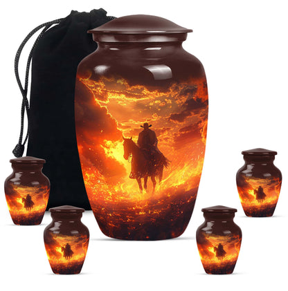Cowboy Theme Large Urn With 4 Keepsake Urn