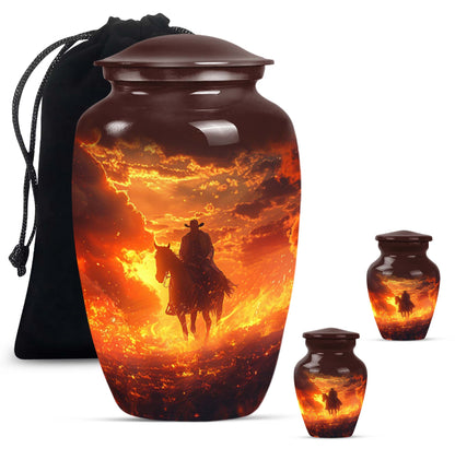 Cowboy Theme Large Urn With 2 Keepsake Urn