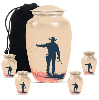 Cowboy Theme Large Urn With 4 Keepsake Urn
