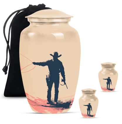 Cowboy Theme Large Urn With 2 Keepsake Urn